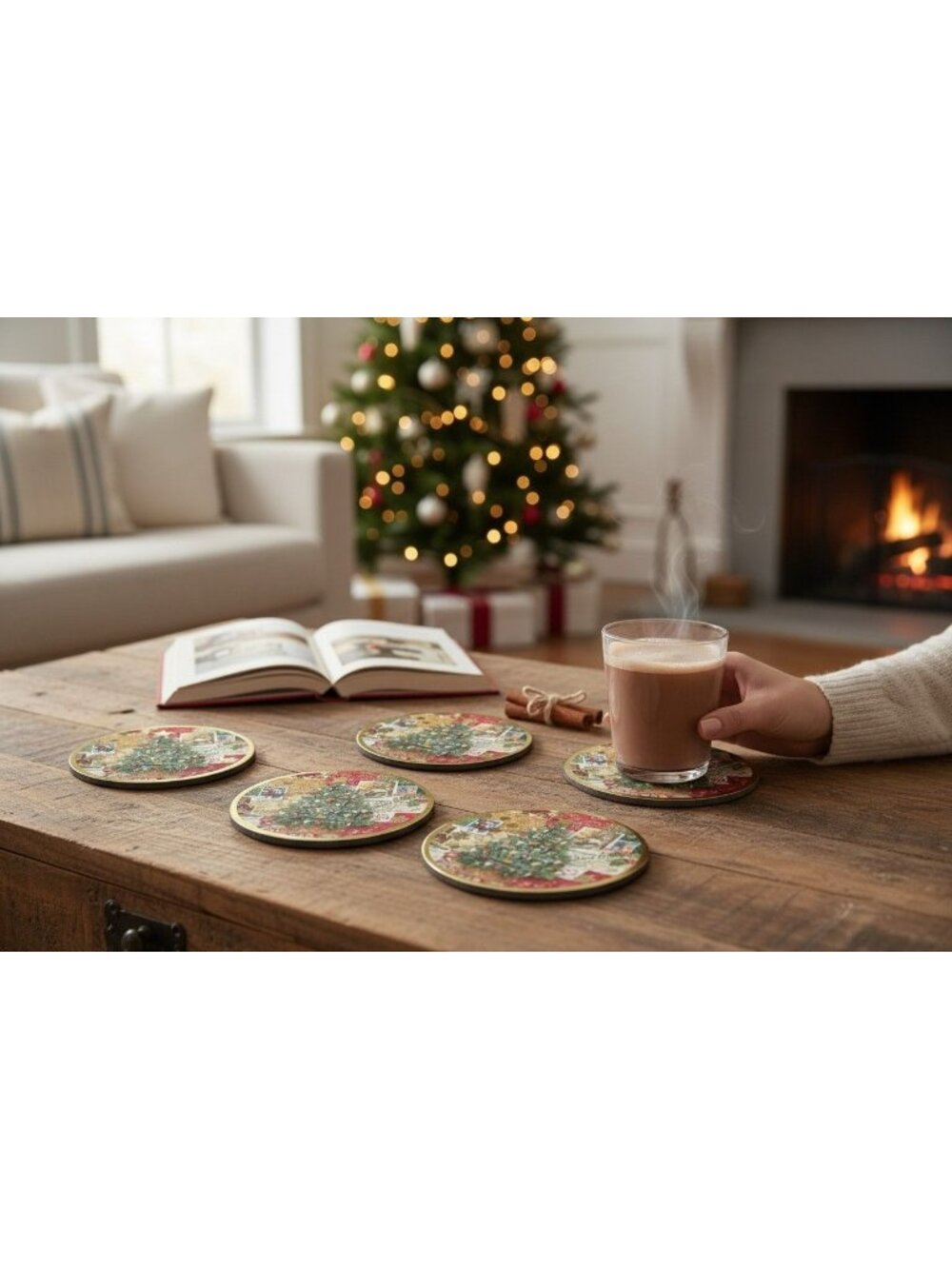 Punch Studio Christmas Tree Coasters Set Of 6 Round Festive Holiday Design 4" Di